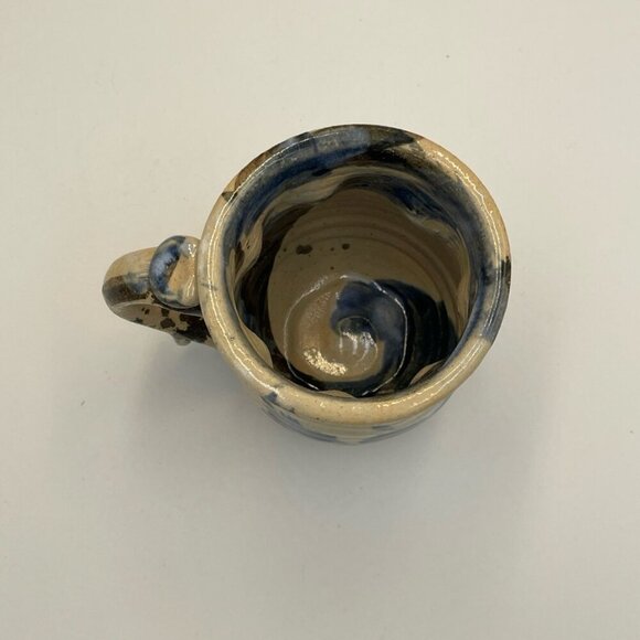 Art Pottery Coffee Mug Blue Black Beige Glazed Pinched Marked Splatter Ink Blot - Picture 6 of 7
